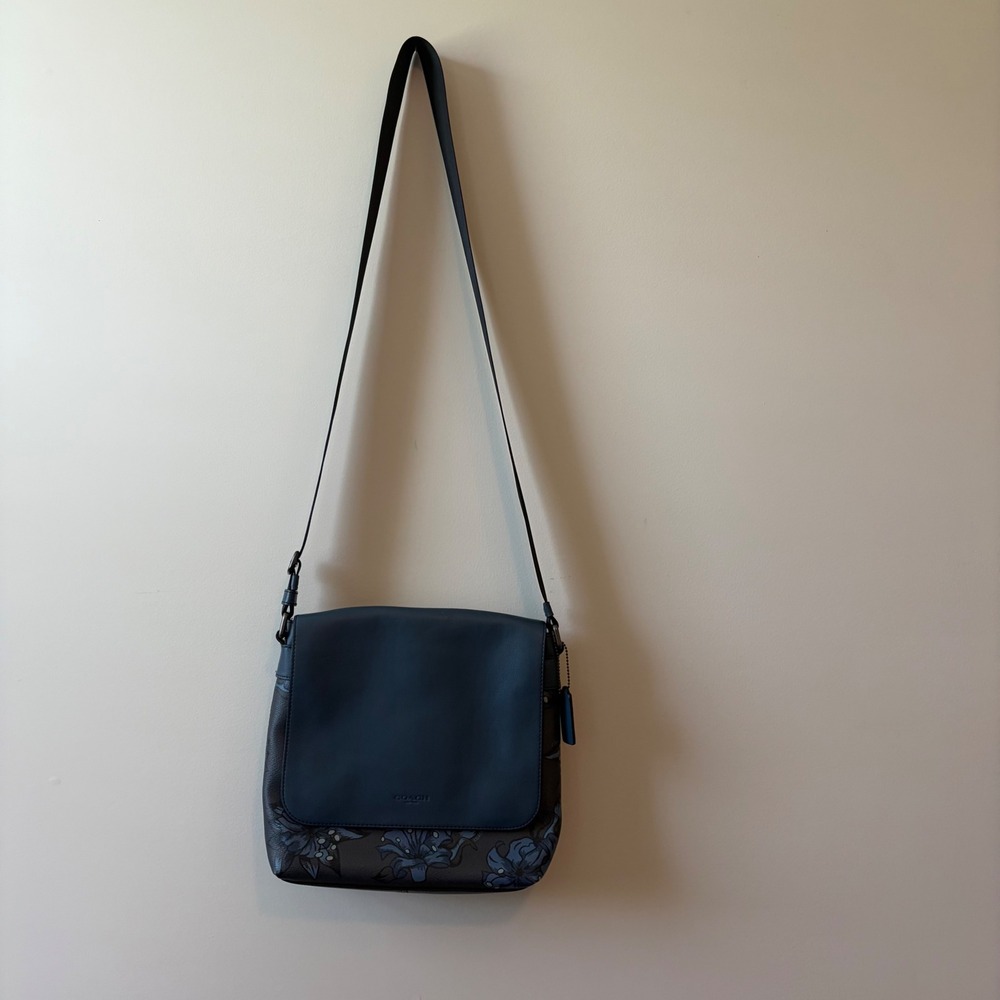 Coach Navy Blue Floral Leather Crossbody Bag Wallet Card Holder Key Case Set